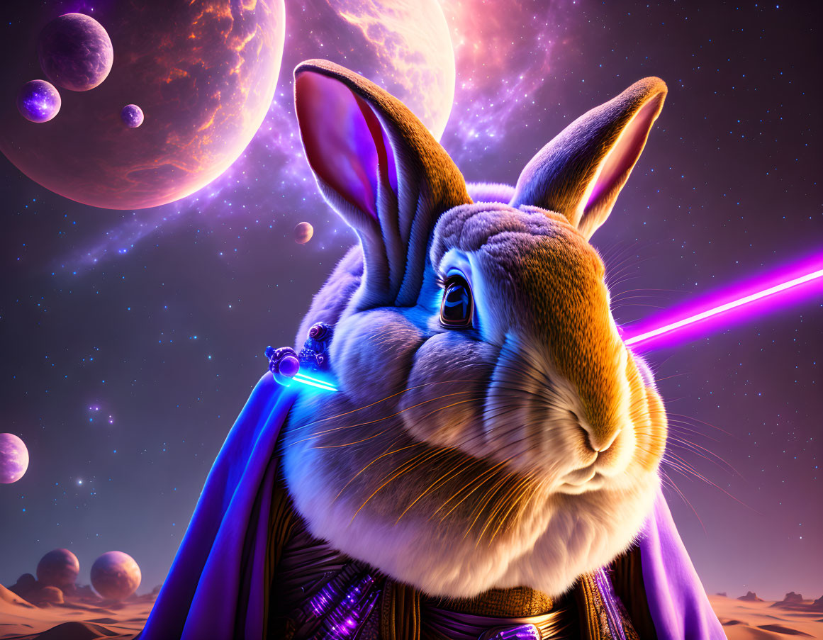 Futuristic rabbit with cloak and glowing monocle in cosmic setting