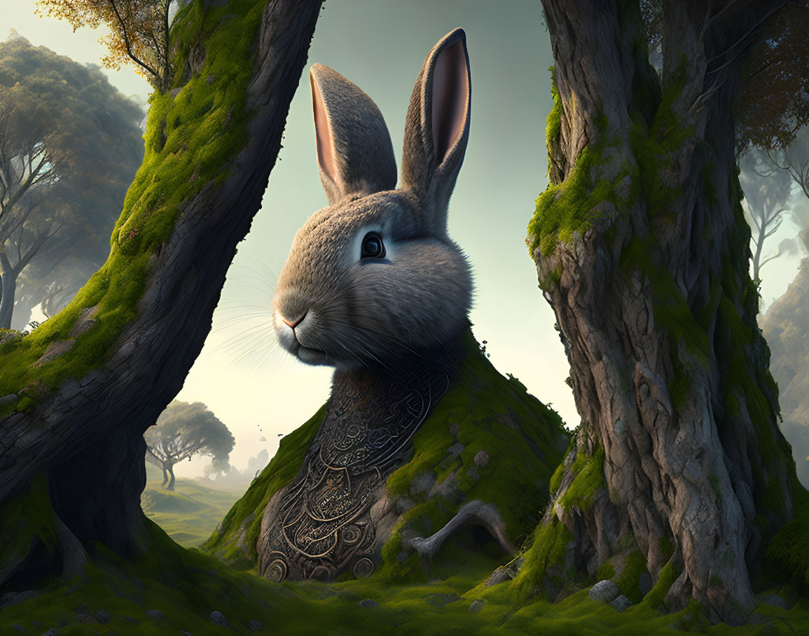 Giant Rabbit in Enchanted Forest with Intricate Patterns and Misty Trees