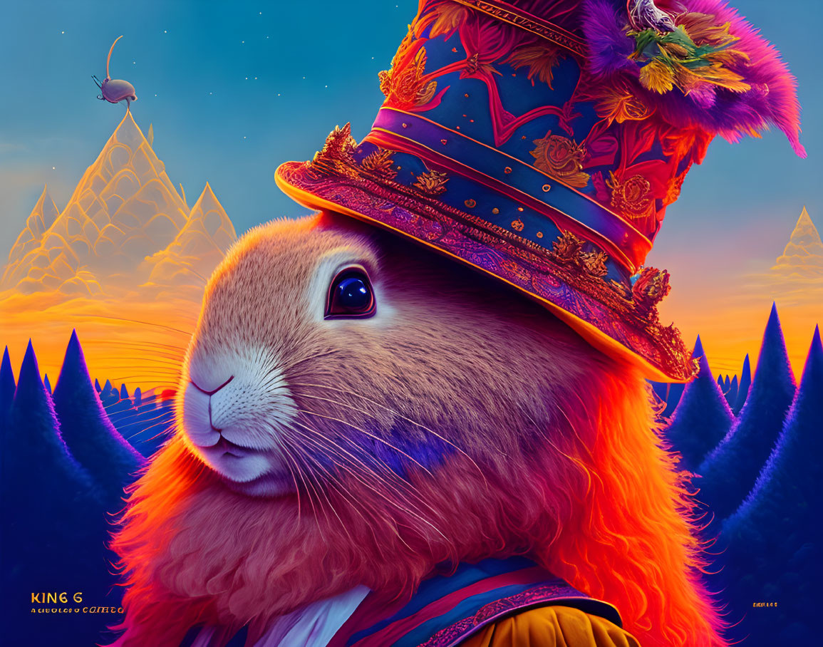 Regal rabbit in ornate costume against purple crystal backdrop