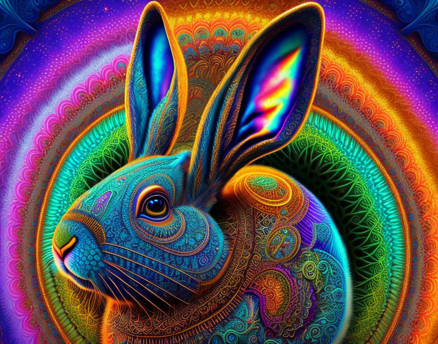 Colorful Psychedelic Rabbit Illustration with Swirling Patterns