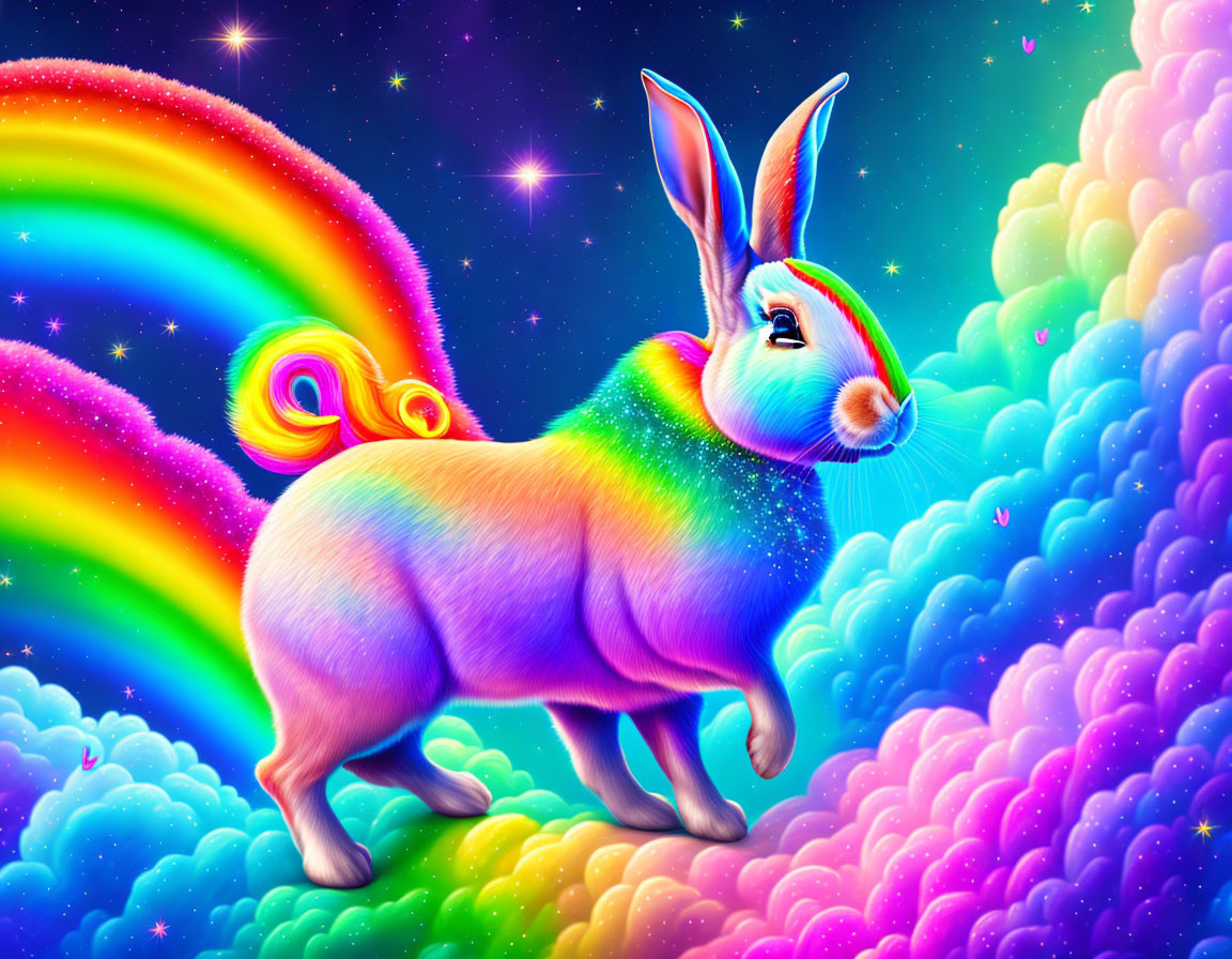 Colorful Rabbit Illustration with Rainbow and Stars in Fantasy Sky