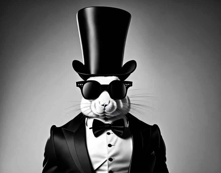 Guinea pig digital art in formal suit, top hat, and sunglasses