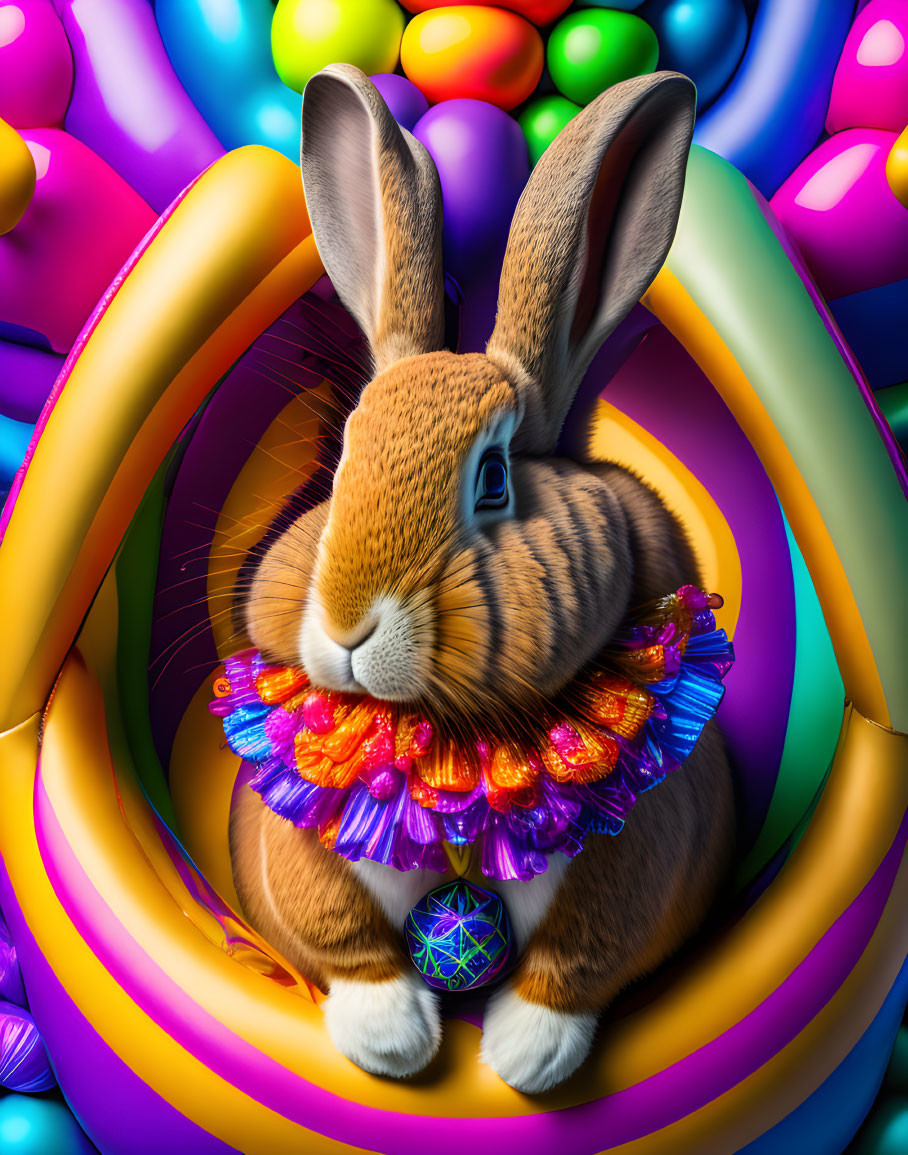 Colorful Digital Art: Stylized Rabbit with Lei and Easter Eggs