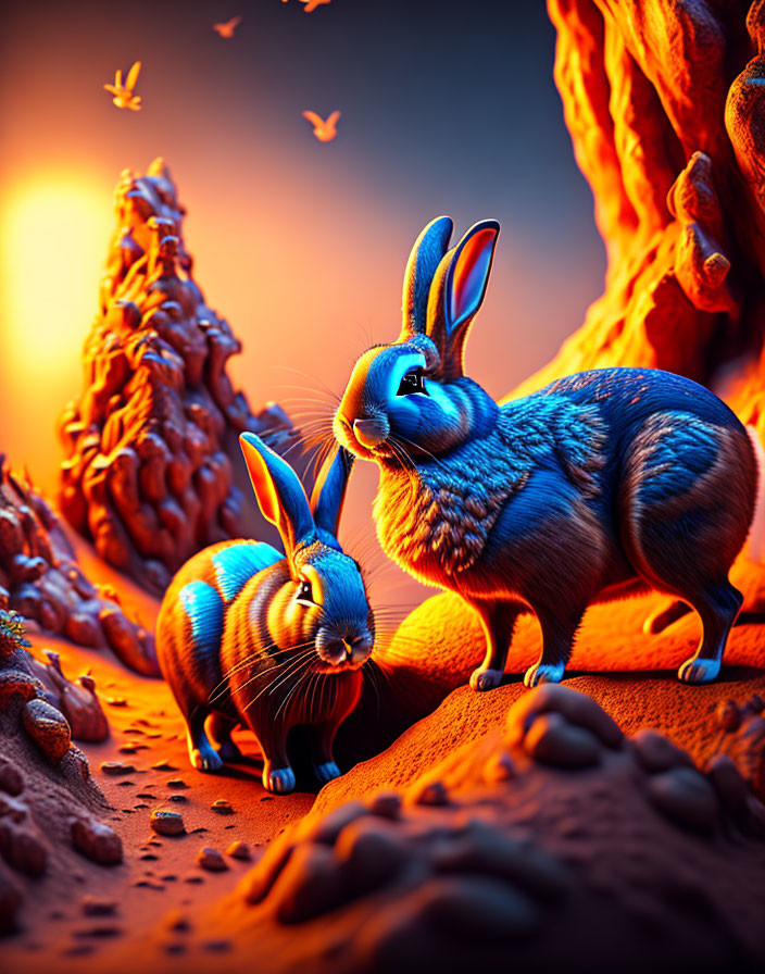 Vibrant blue rabbits in mystical orange landscape at dusk