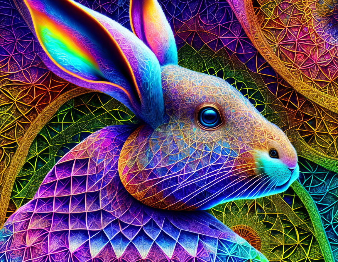 Colorful Digital Artwork: Intricate Rabbit with Neon Texture