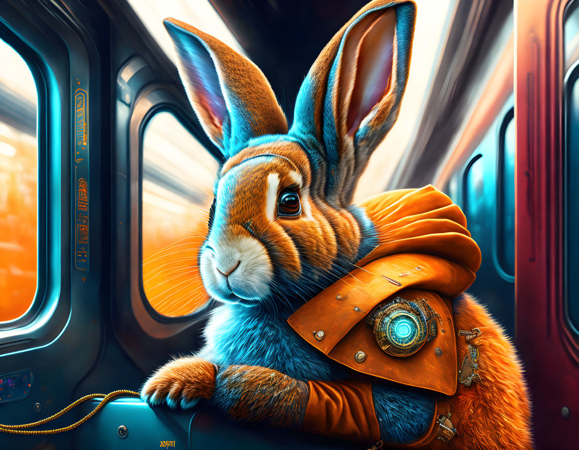 Anthropomorphic rabbit in futuristic orange jacket gazes out train window