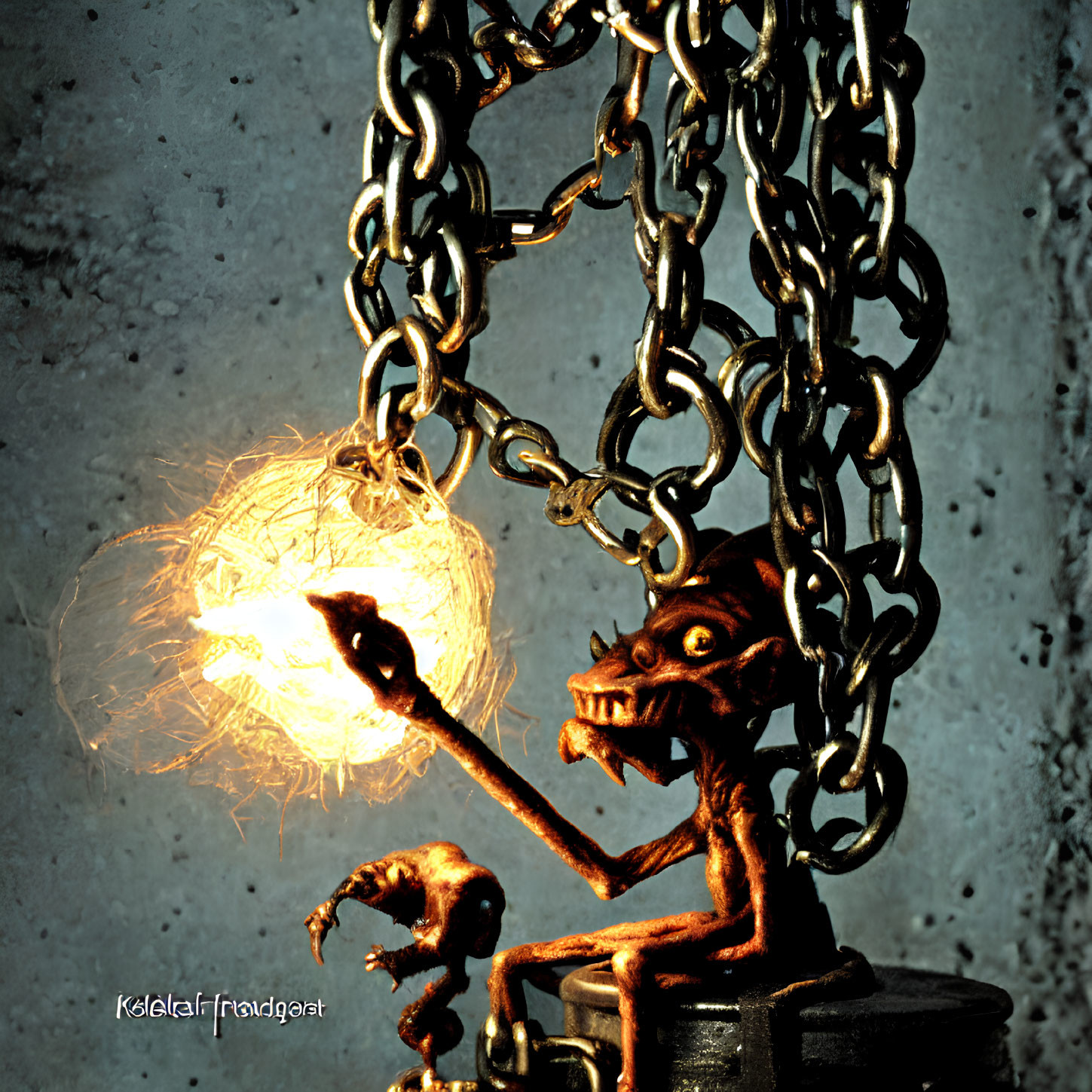 Bronze sculpture of creature with chains holding glowing orb