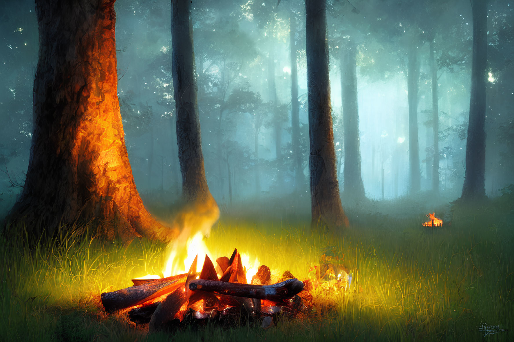 Serene misty forest with glowing campfire