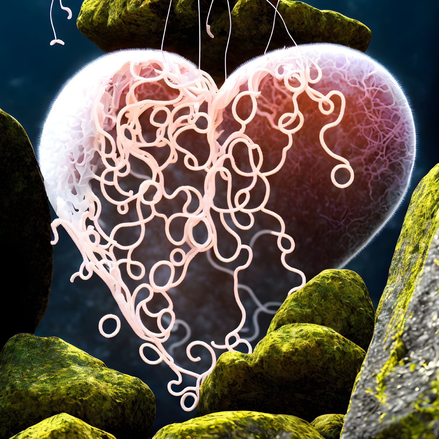 Glowing heart with branches, stones, and microorganisms under microscope