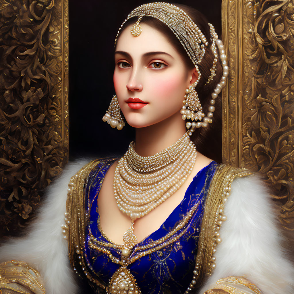 Traditional attire: Regal woman in blue dress with pearl jewelry and golden border