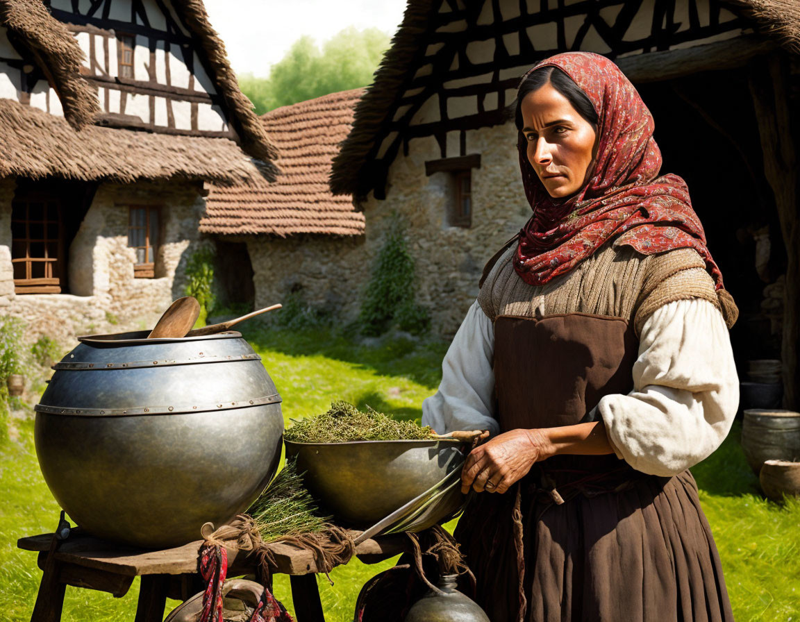 Woman in period costume stirring herbs in large pot outside rustic cottage