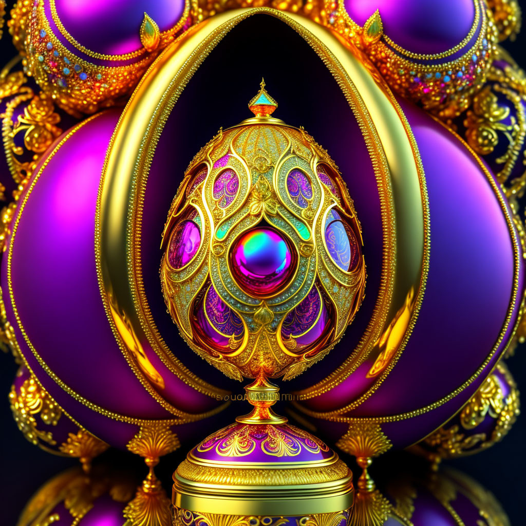 Intricate golden egg with jewels on purple spheres and reflective surface