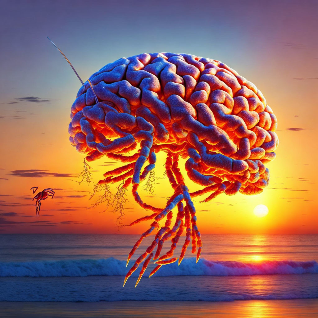 Surreal jellyfish with human brain body above beach at sunset