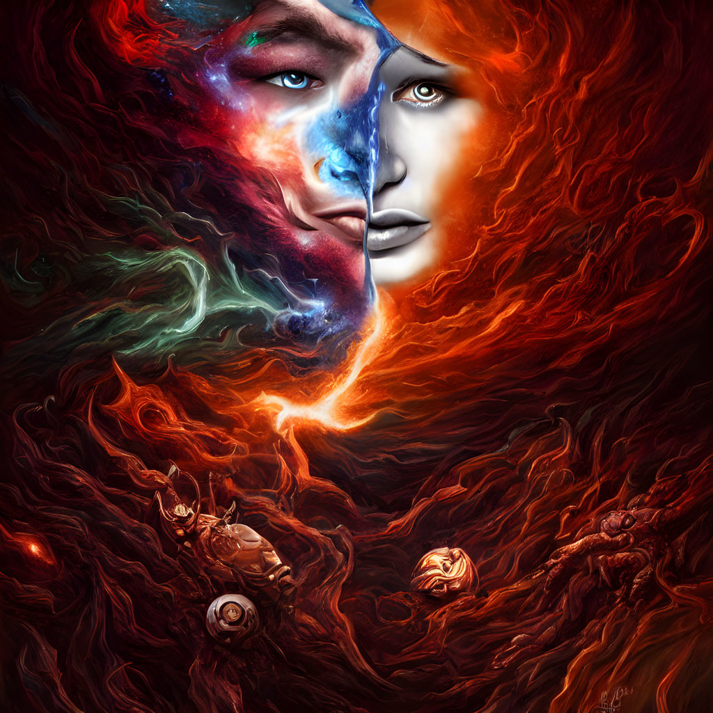 Digital artwork: Split face in fiery and cosmic halves surrounded by flames and celestial colors