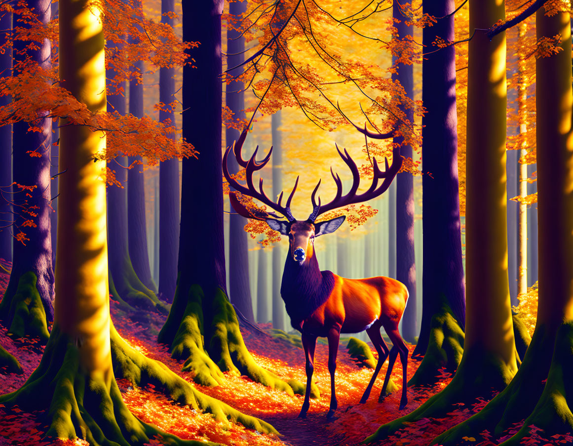 Majestic deer in vibrant autumn forest with sunlight filtering through trees