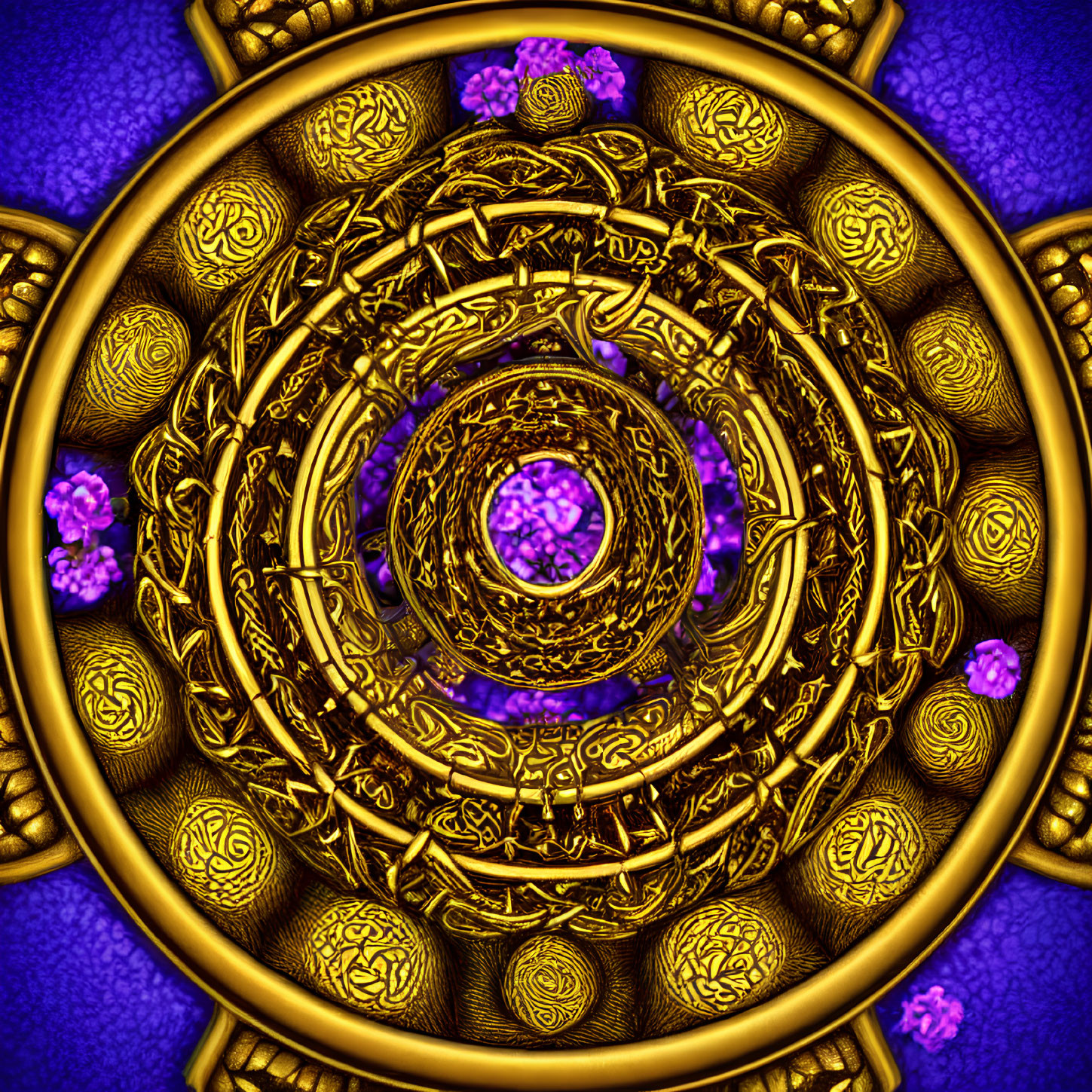 Intricate Golden Patterns on Purple Background with Circles