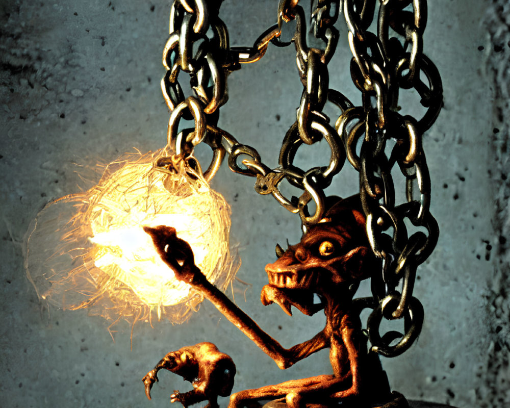 Bronze sculpture of creature with chains holding glowing orb