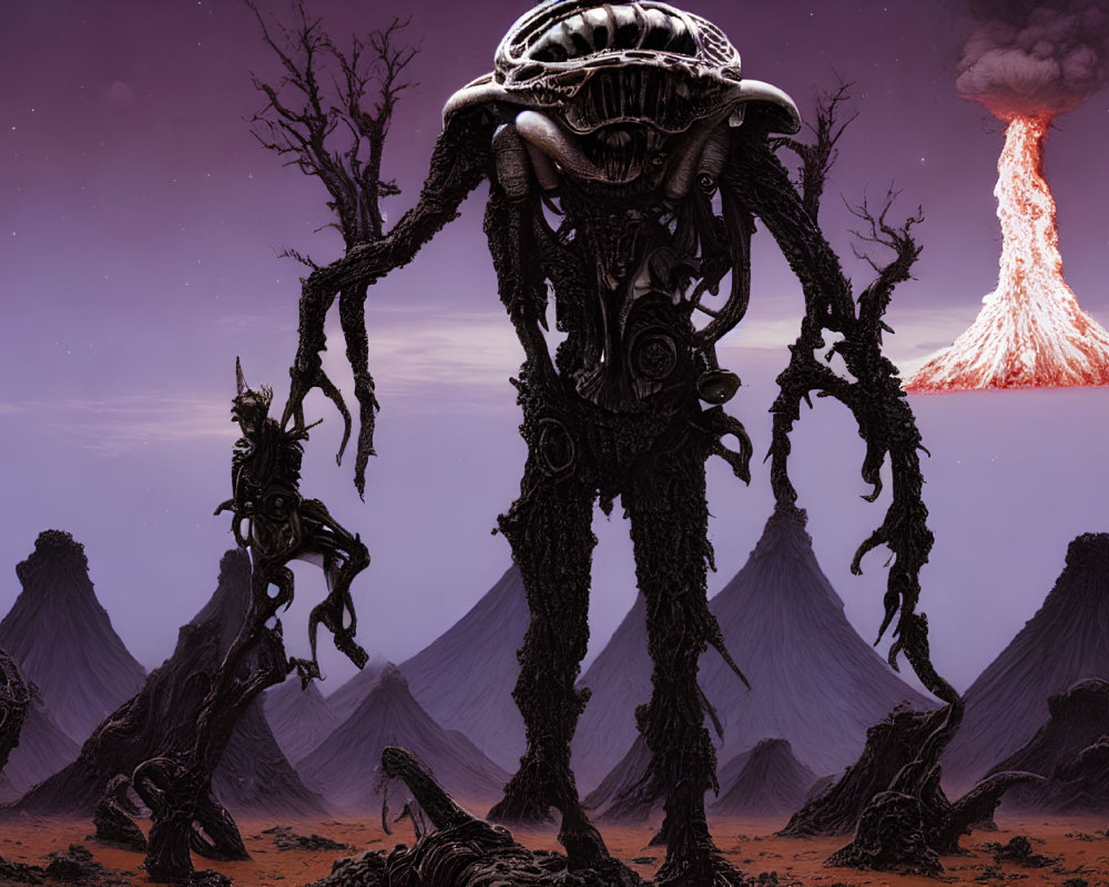 Surreal landscape with biomechanical entity, figures, twisted trees, purple sky, volcano