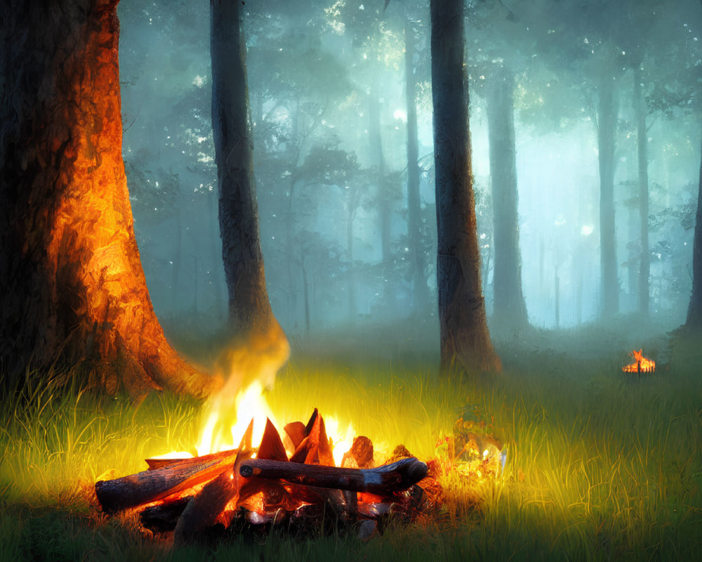 Serene misty forest with glowing campfire