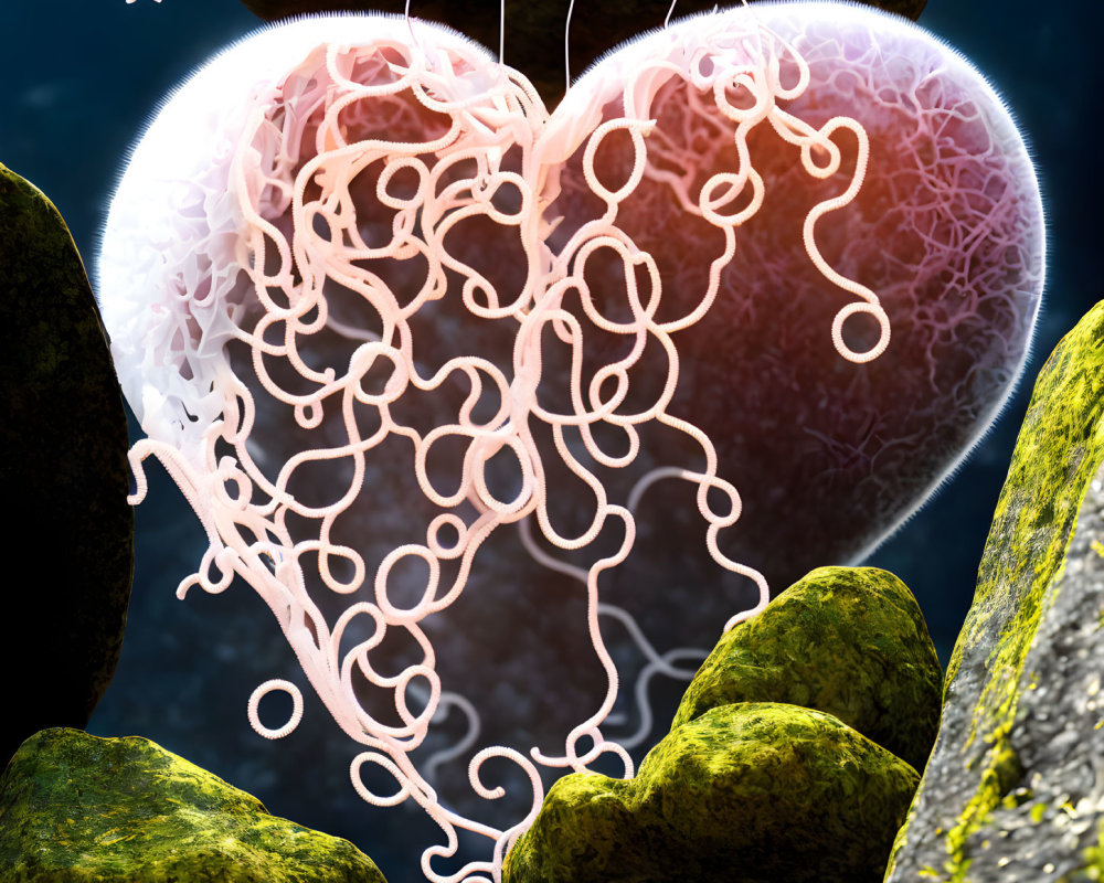 Glowing heart with branches, stones, and microorganisms under microscope