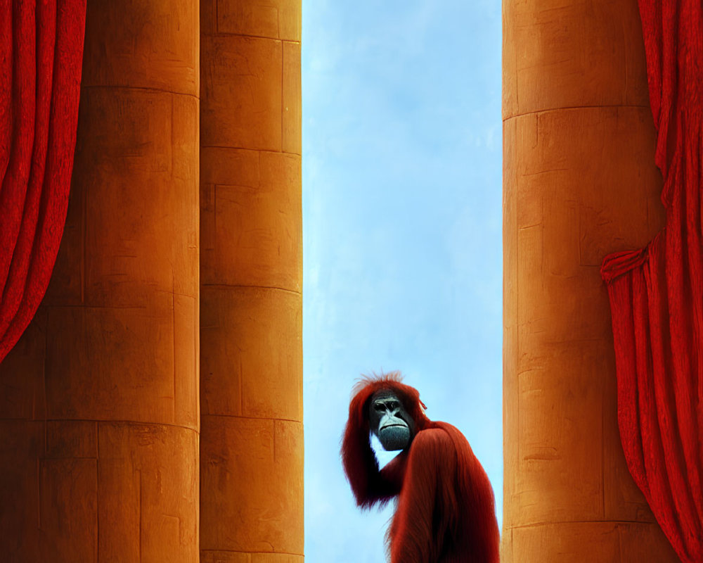 Red-haired orangutan between pillars and red curtains against blue sky.