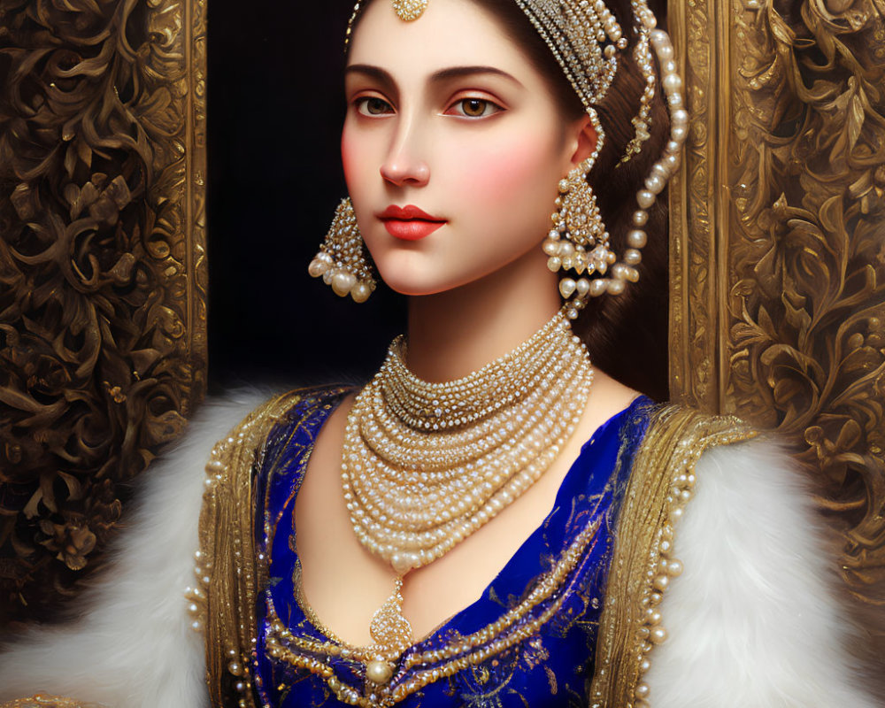 Traditional attire: Regal woman in blue dress with pearl jewelry and golden border