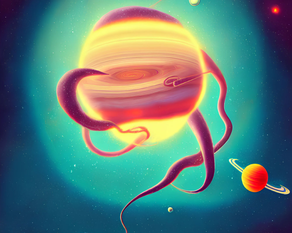 Stylized cosmic scene with vibrant Jupiter-like planet and celestial bodies