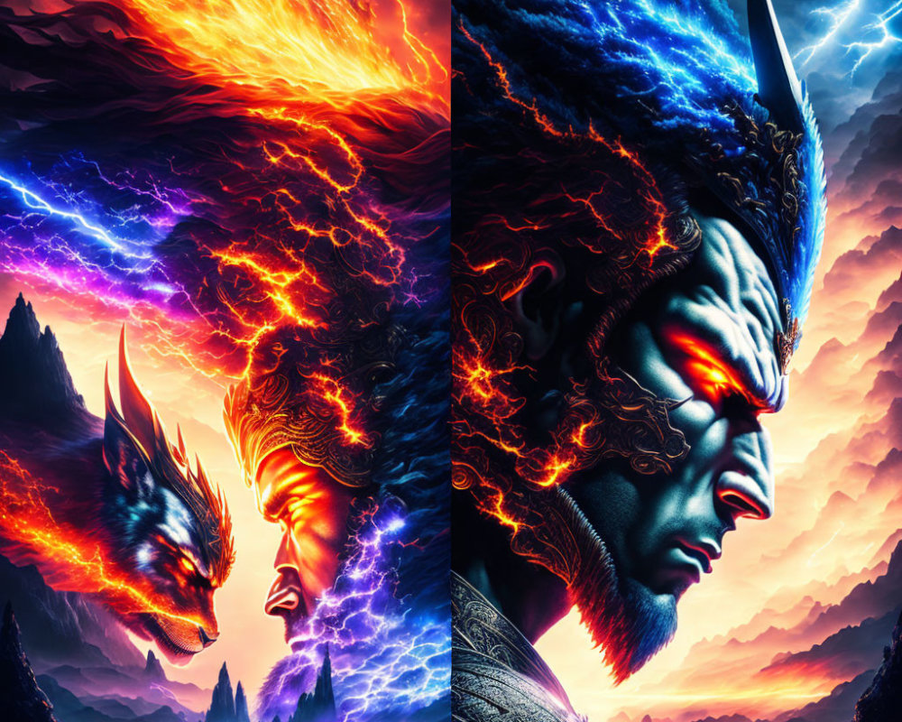 Dual Fire and Ice Mythical Creatures in Dramatic Sky