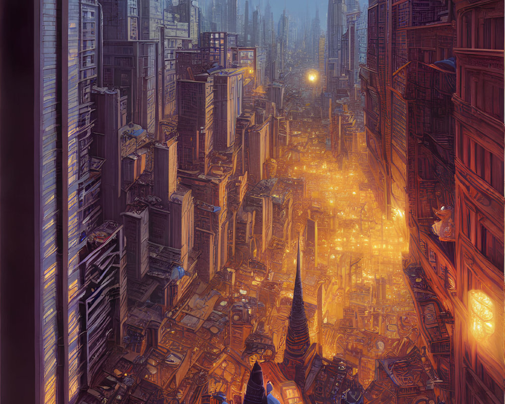 Futuristic cityscape at dusk with tall glowing buildings