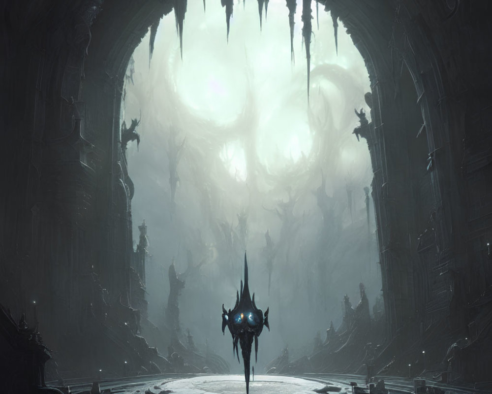 Solitary figure in vast, dark cavern with eerie glow