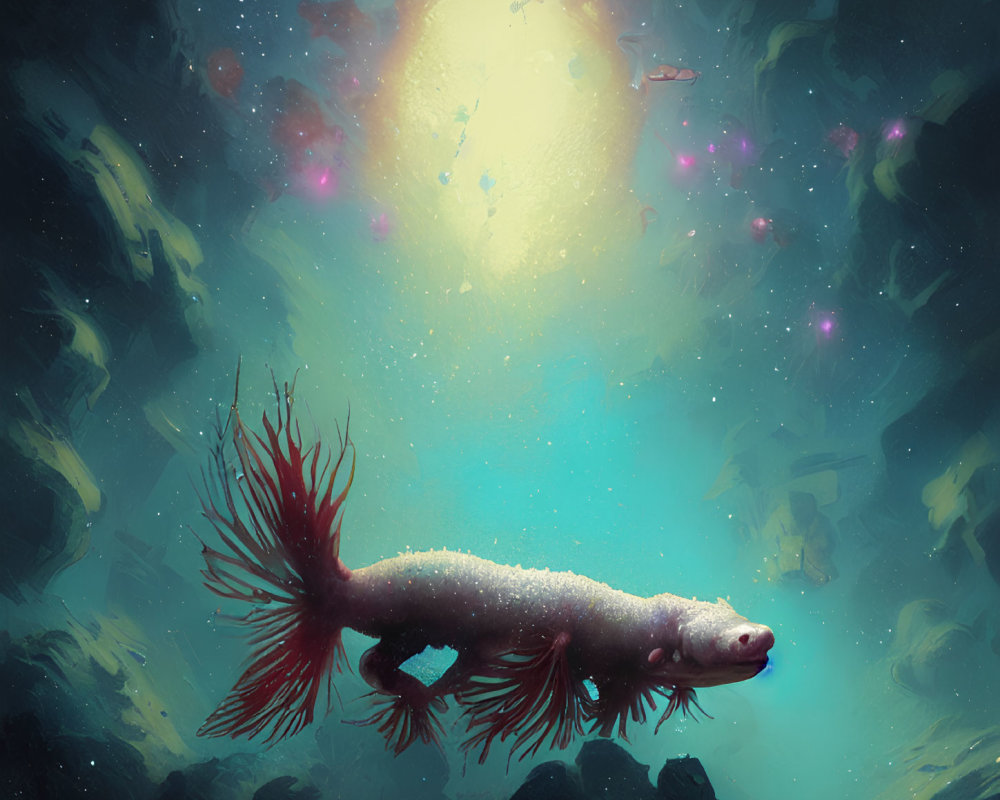 Vibrant red gills on axolotl-like creature in ethereal underwater scene