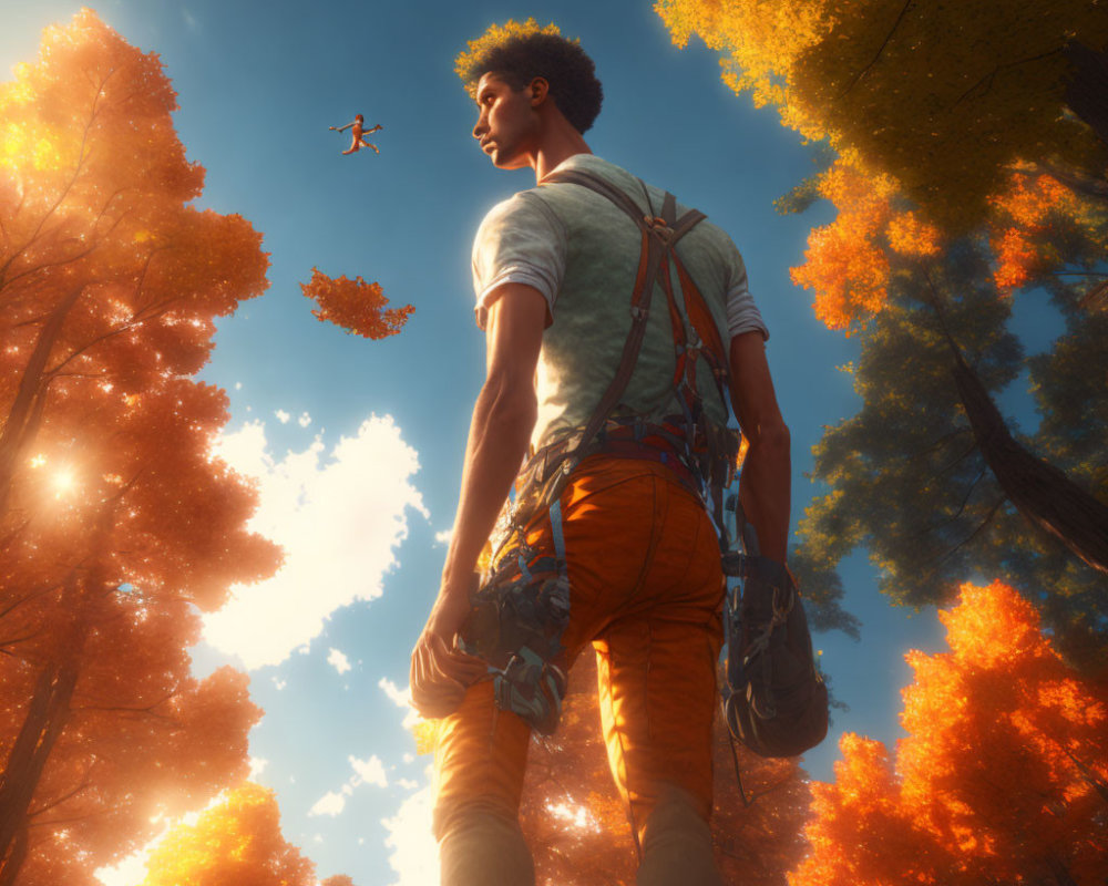 Person standing in autumn forest with drone and sunny sky