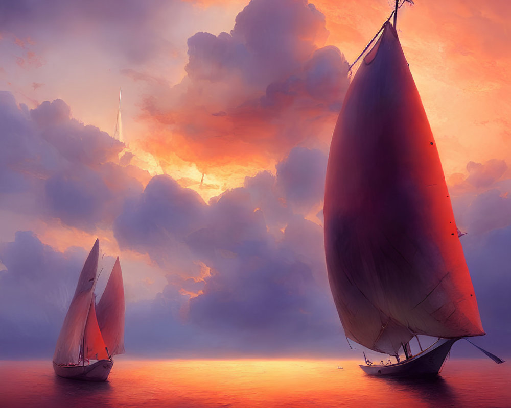 Sailboats on tranquil sea under dramatic orange sunset sky