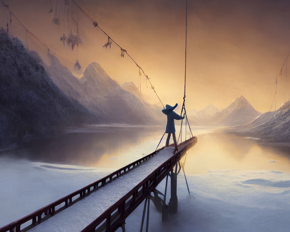 Person in Blue Coat on Snowy Suspension Bridge at Sunrise