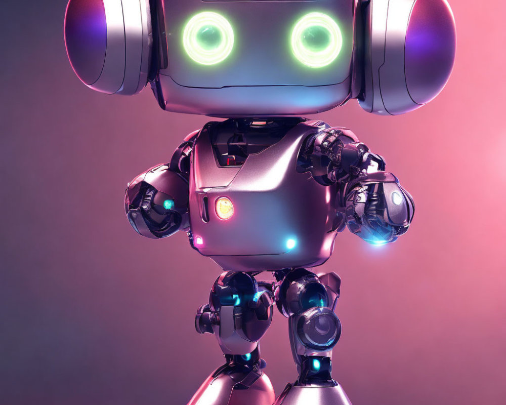 Futuristic robot with glowing green eyes and headphones in pink and purple light