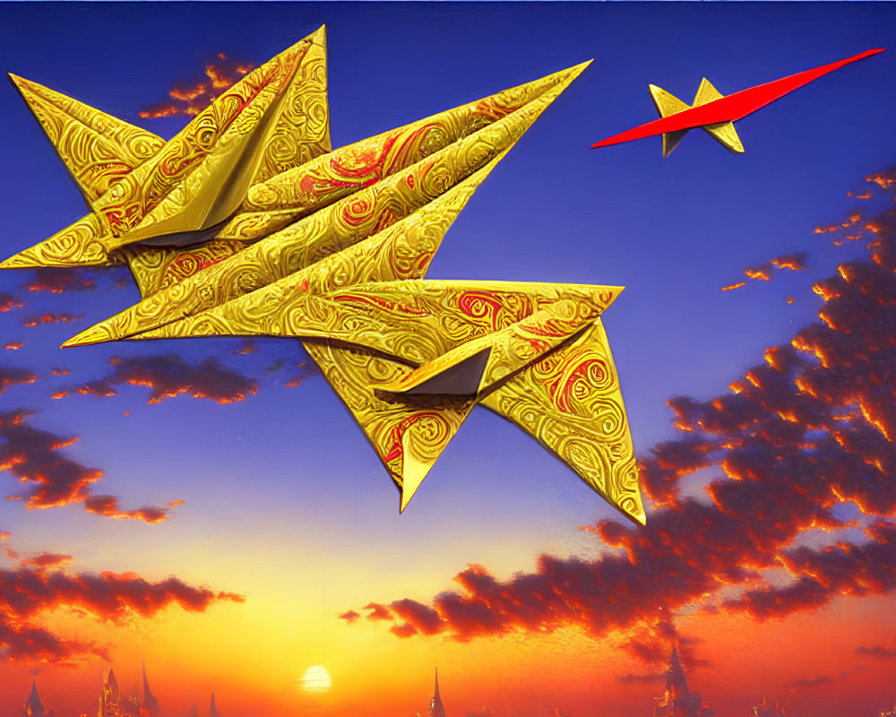 Golden and red paper planes soar over cityscape at sunset