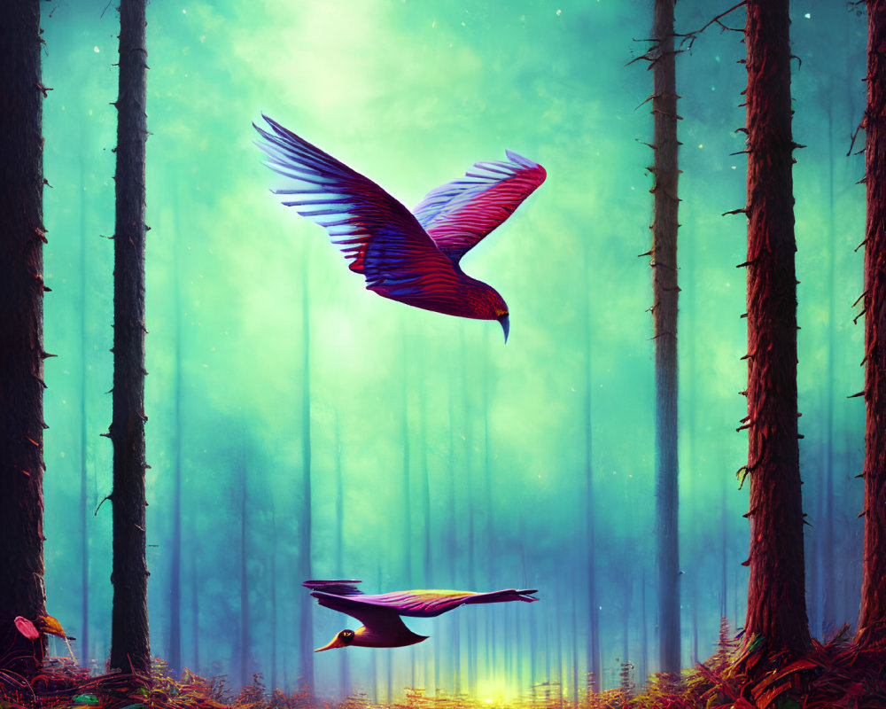 Colorful birds soar in enchanted forest with tall trees and mystical atmosphere.