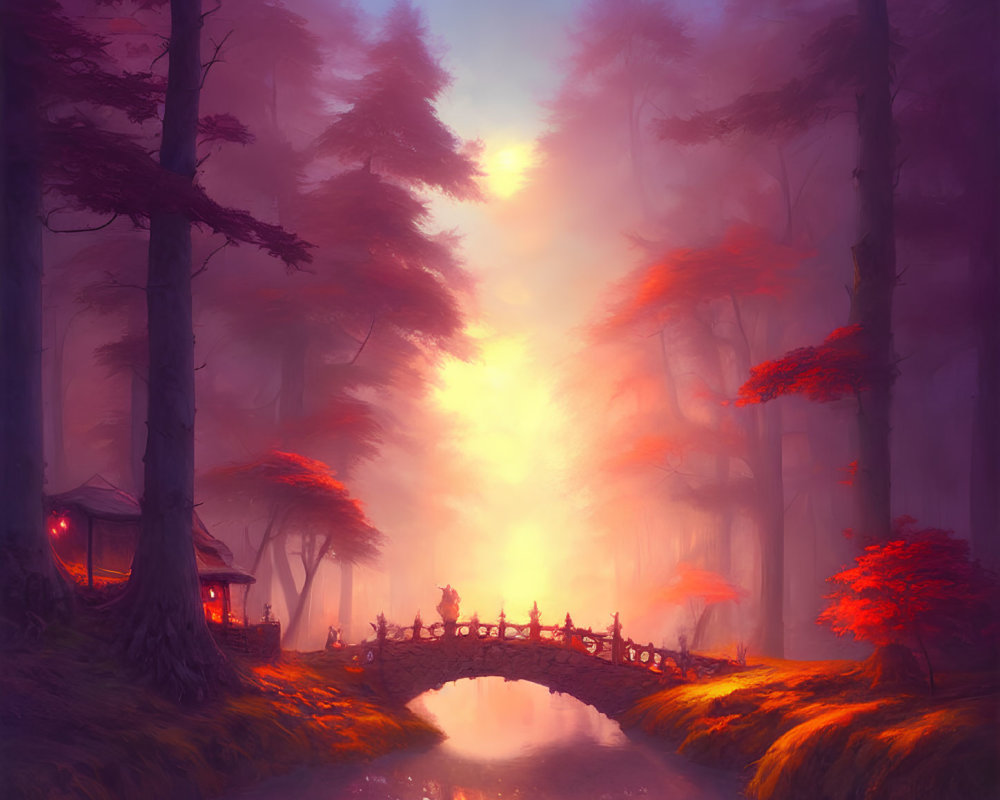 Tranquil fantasy landscape with bridge, cottage, red-leafed trees, and warm sunrise or