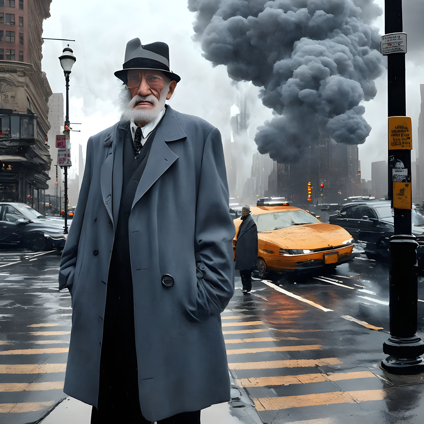 Figure in coat and hat on city street corner with smoke plume and yellow cab.