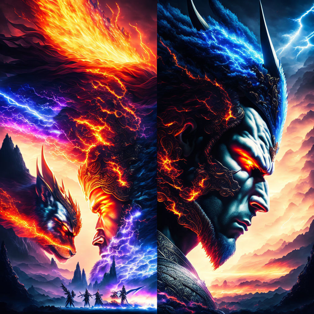 Dual Fire and Ice Mythical Creatures in Dramatic Sky