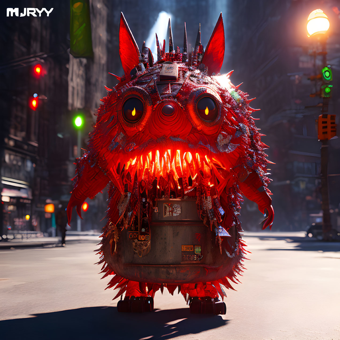 Menacing red furball creature with sharp teeth in urban street