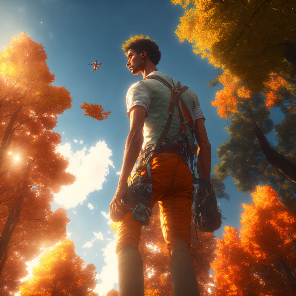 Person standing in autumn forest with drone and sunny sky