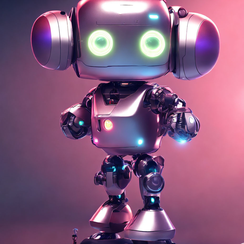 Futuristic robot with glowing green eyes and headphones in pink and purple light