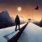 Person in Blue Coat on Snowy Suspension Bridge at Sunrise