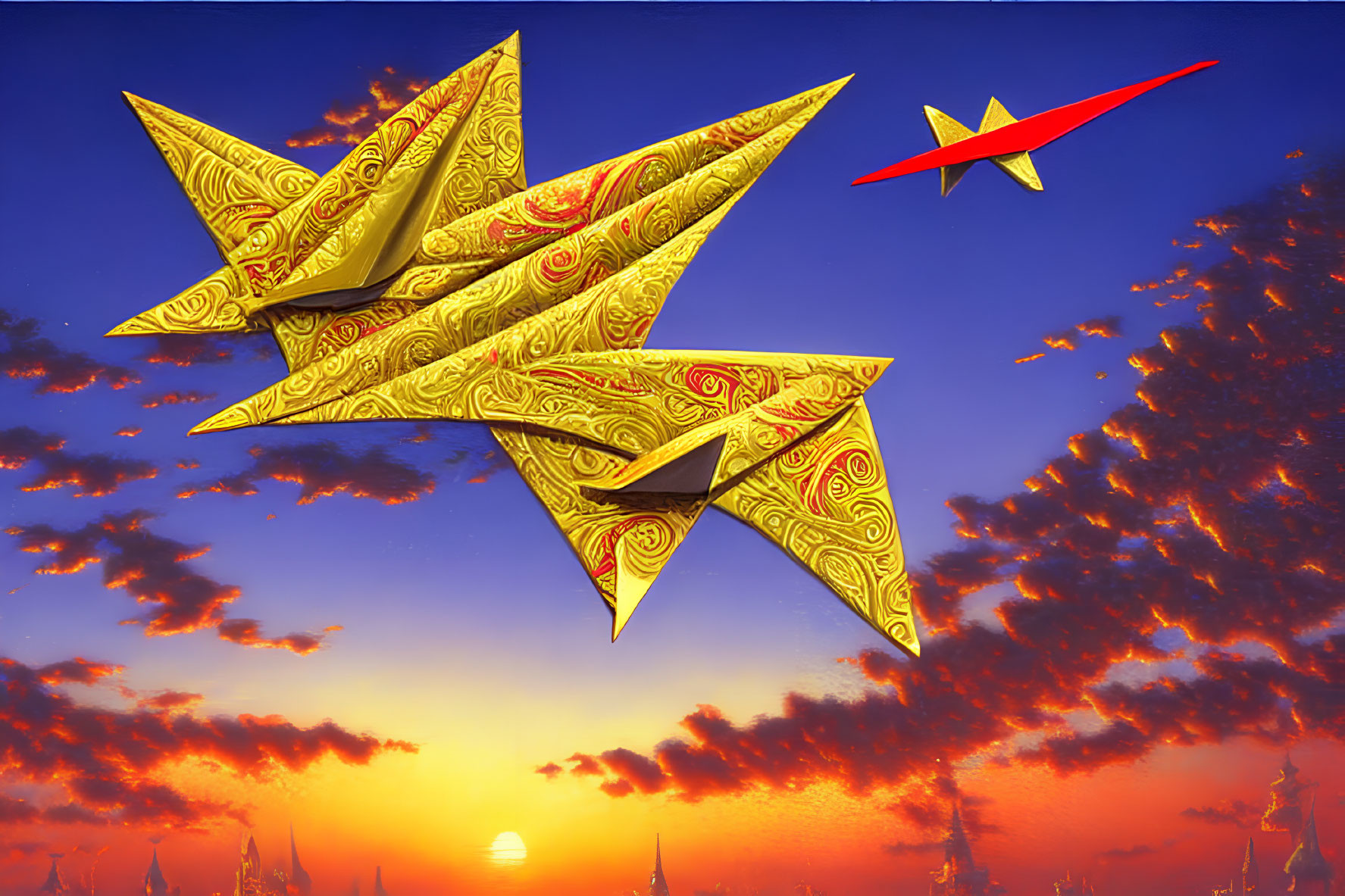 Golden and red paper planes soar over cityscape at sunset