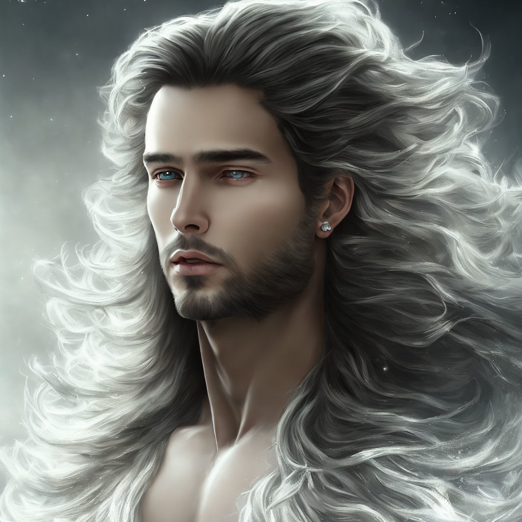 Man with Long Silver Hair and Intense Blue Eyes in Mystical Illustration