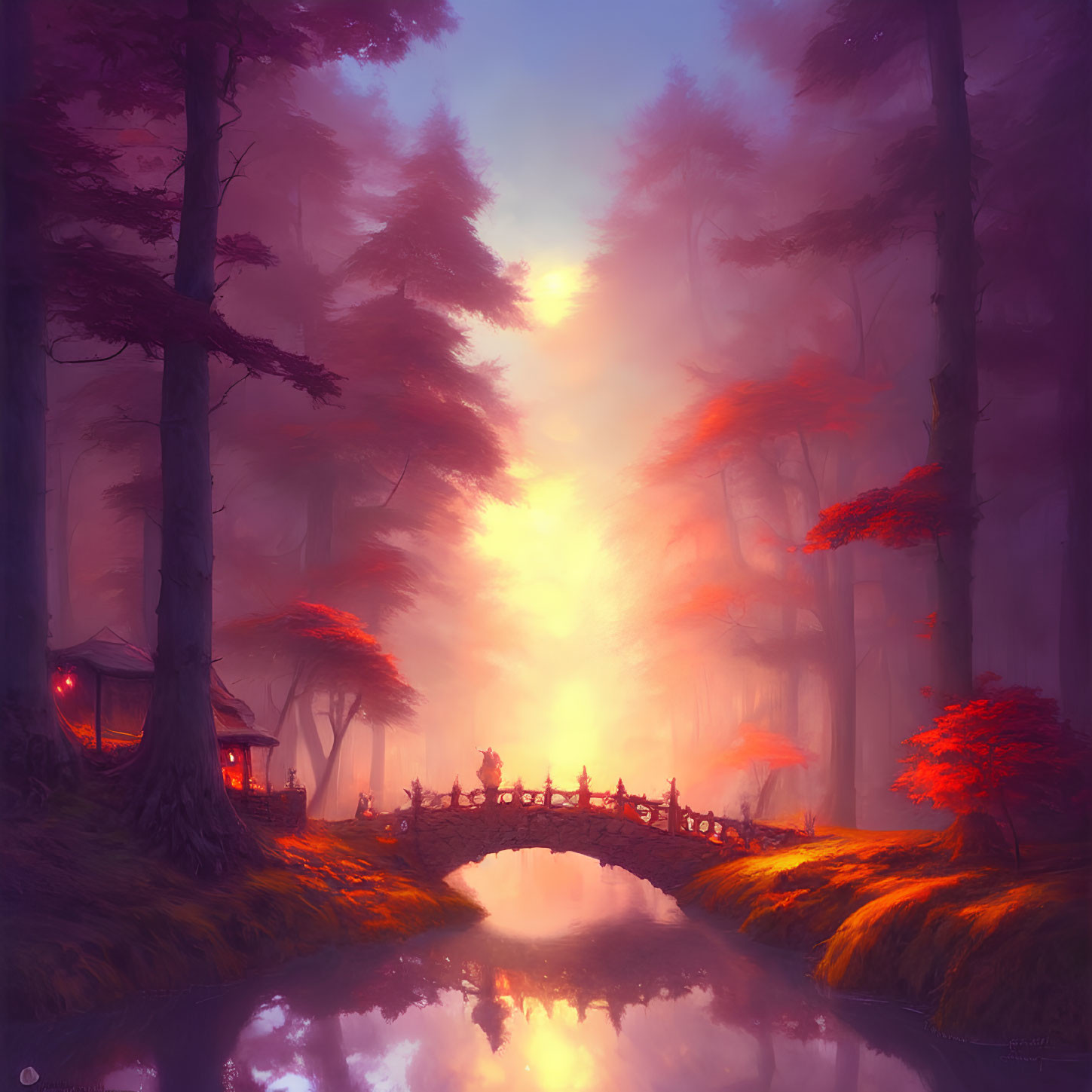 Tranquil fantasy landscape with bridge, cottage, red-leafed trees, and warm sunrise or