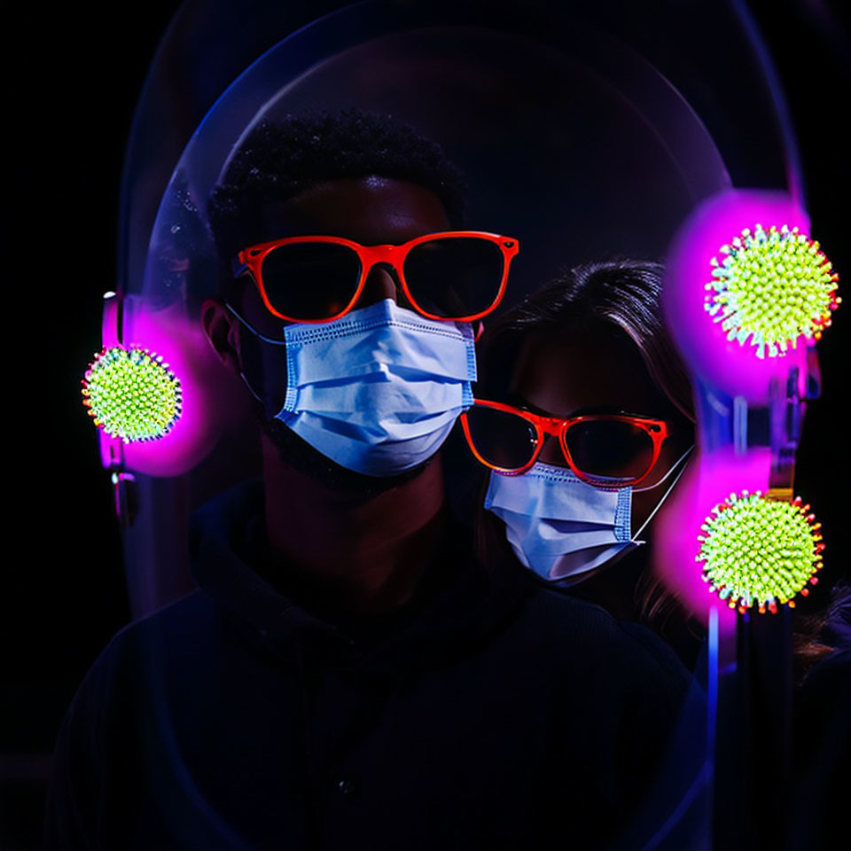 Man and woman in face masks with red glasses in UV light with virus particles.