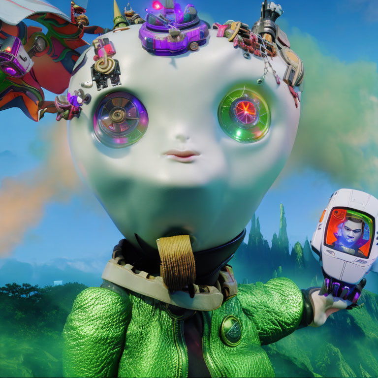 Whimsical Animated Character with Large Head and Futuristic Green Jacket in Colorful Landscape