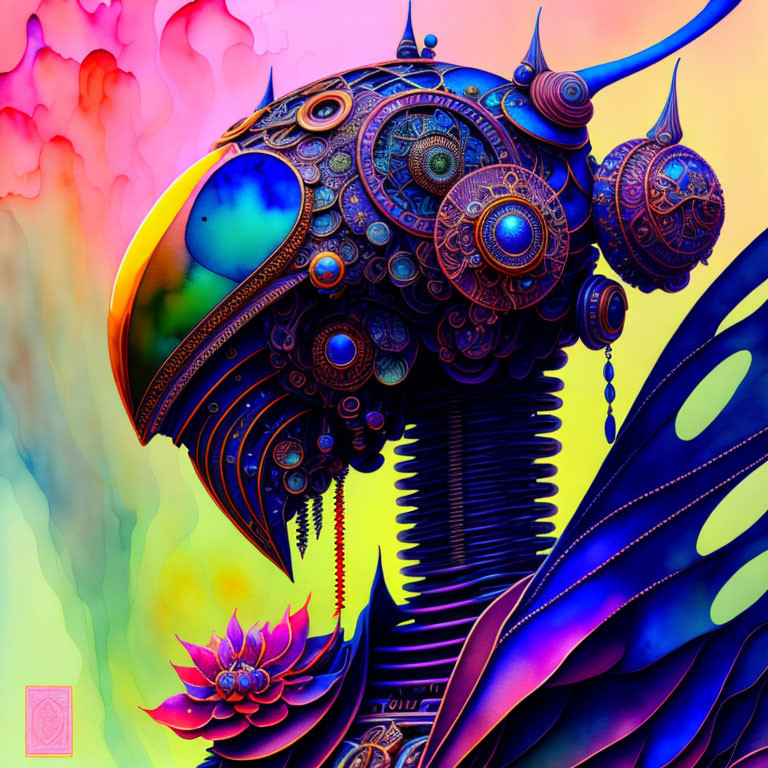 Colorful surreal artwork: mechanical bird with ornate patterns and gears on pastel cloud backdrop